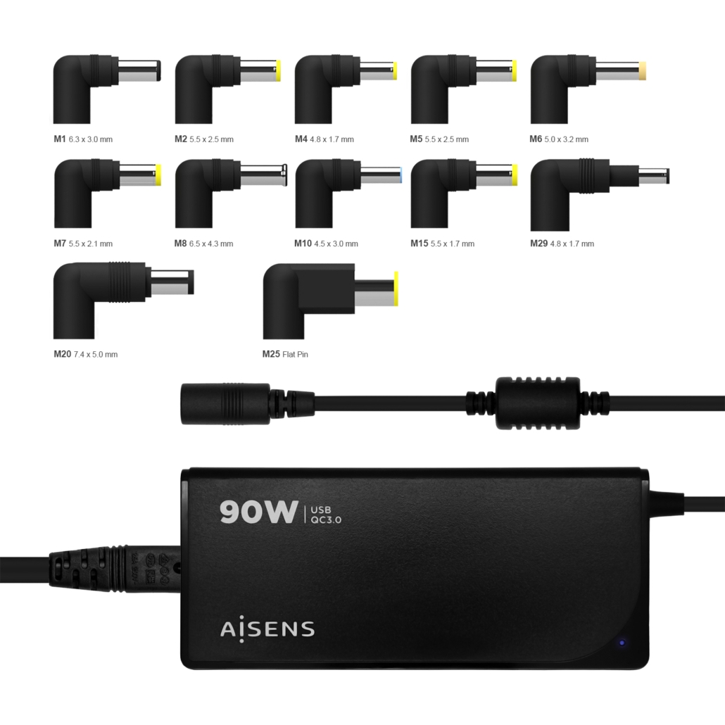 Carregador Automtico Aisens para Porttil com 12 Conectores + USB-A QC.3.0 3